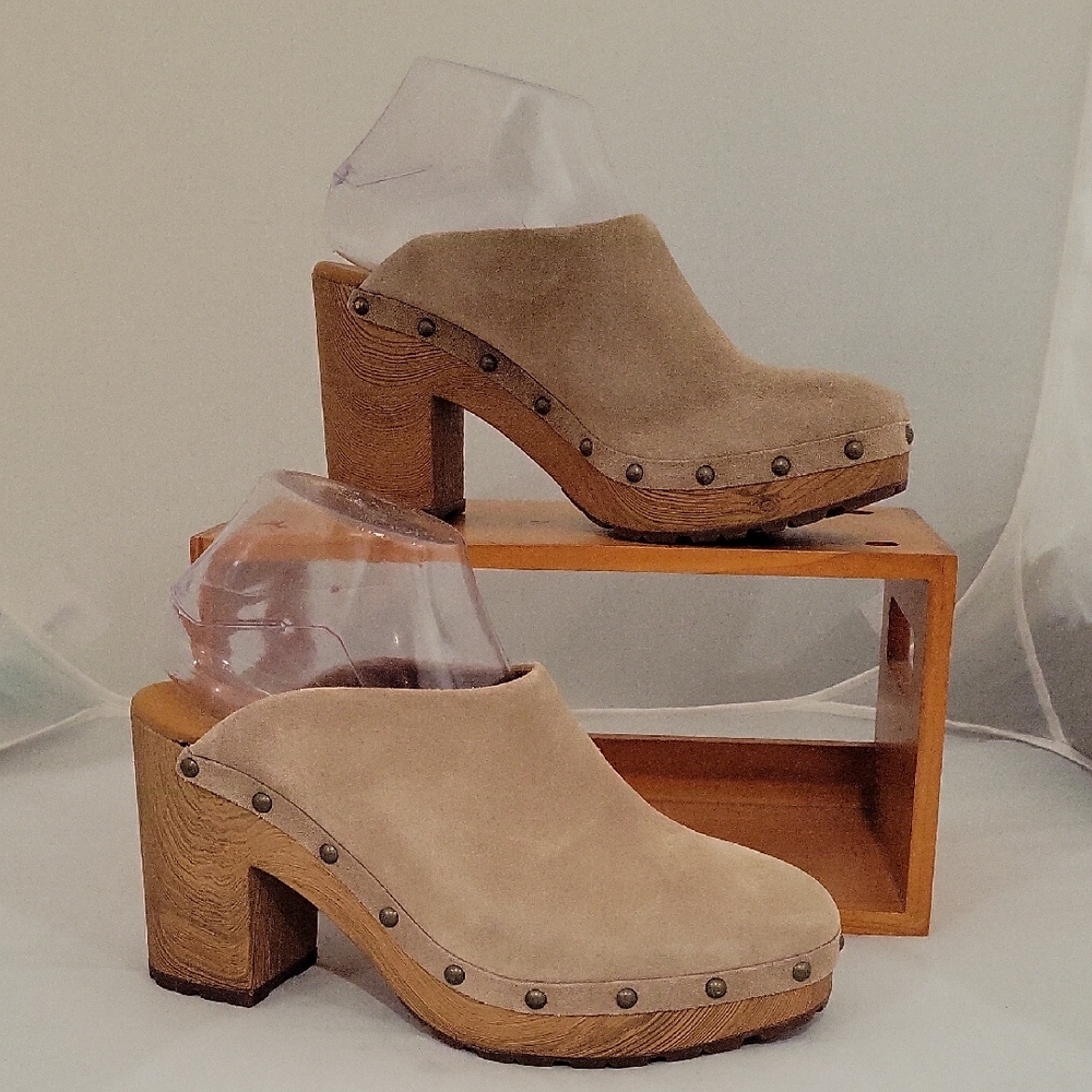 Kork-Ease Beige Suede Mules with Wooden Heel